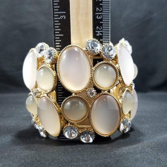 Rhinestone Stretch Bracelet, Wide Frosty Cream, 8 Inches, Gold Tone - Picture 8 of 10
